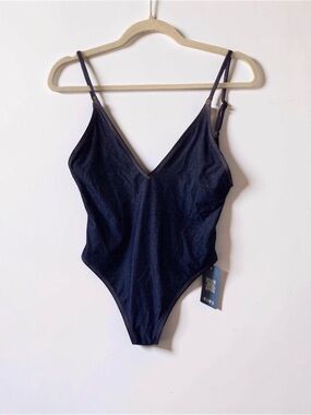 Aerie One Piece Cheeky Denim Look V-Neck Swimsuit Navy NWT Size Small